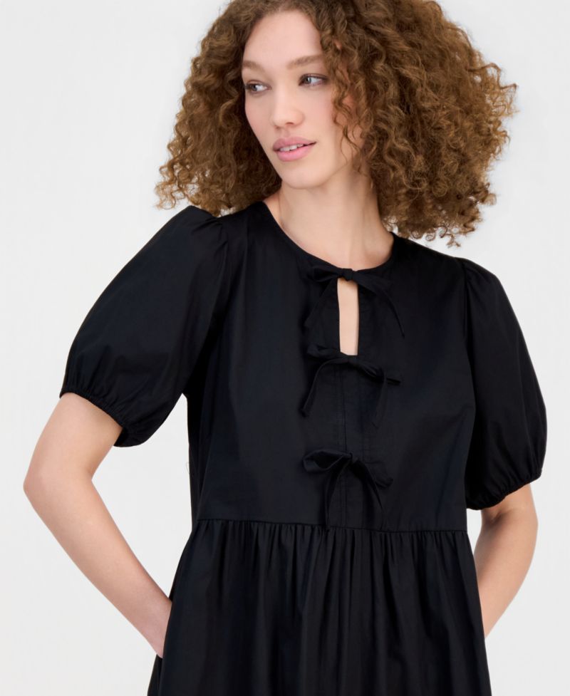 Women's Cotton Bow-Trim A-Line Mini Dress