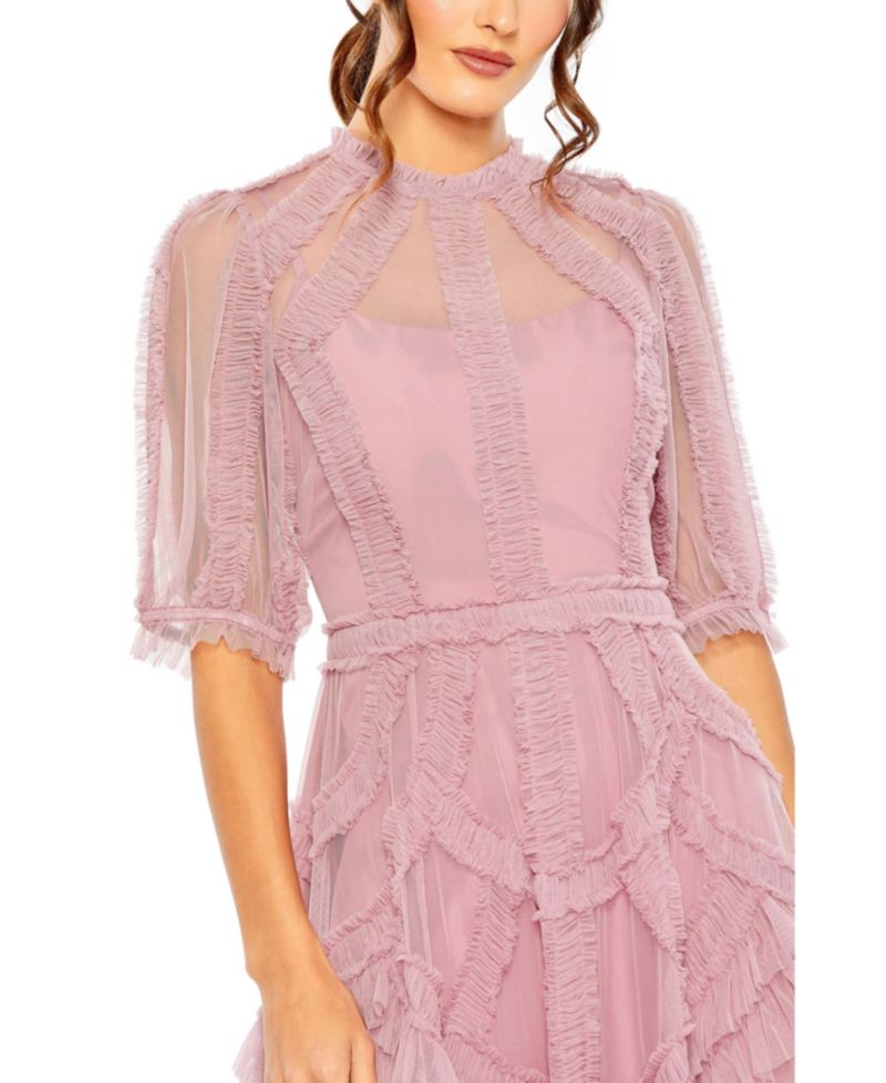 Women's High Neck Puff Sleeve Ruffle Tiered Dress