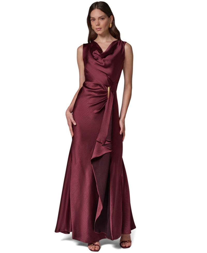 Women's Sleeveless Cowl Neck Satin Ruched Gown