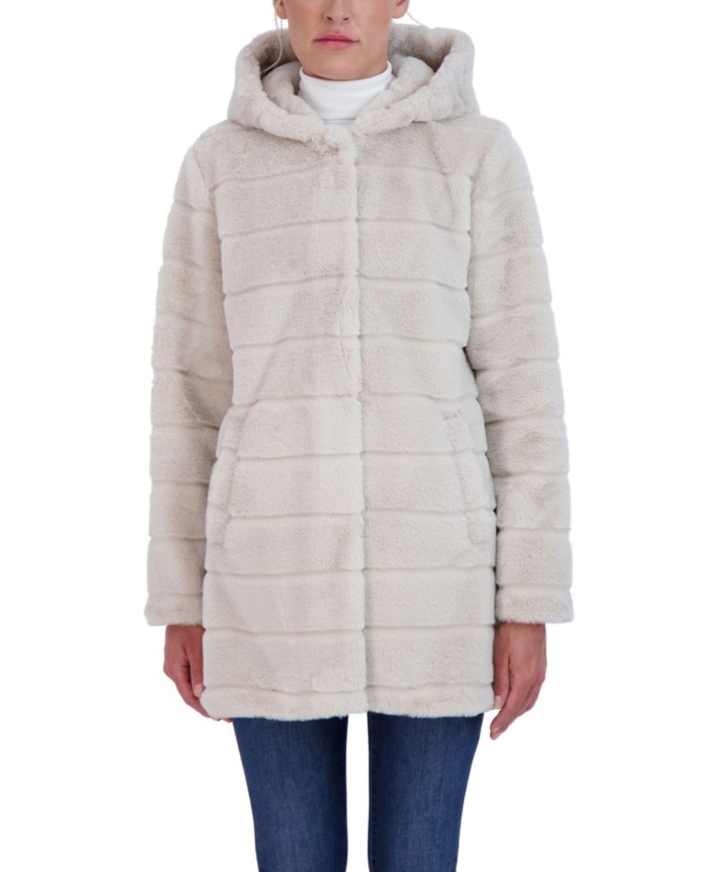 Women's Hooded Grooved Faux Fur Coat
