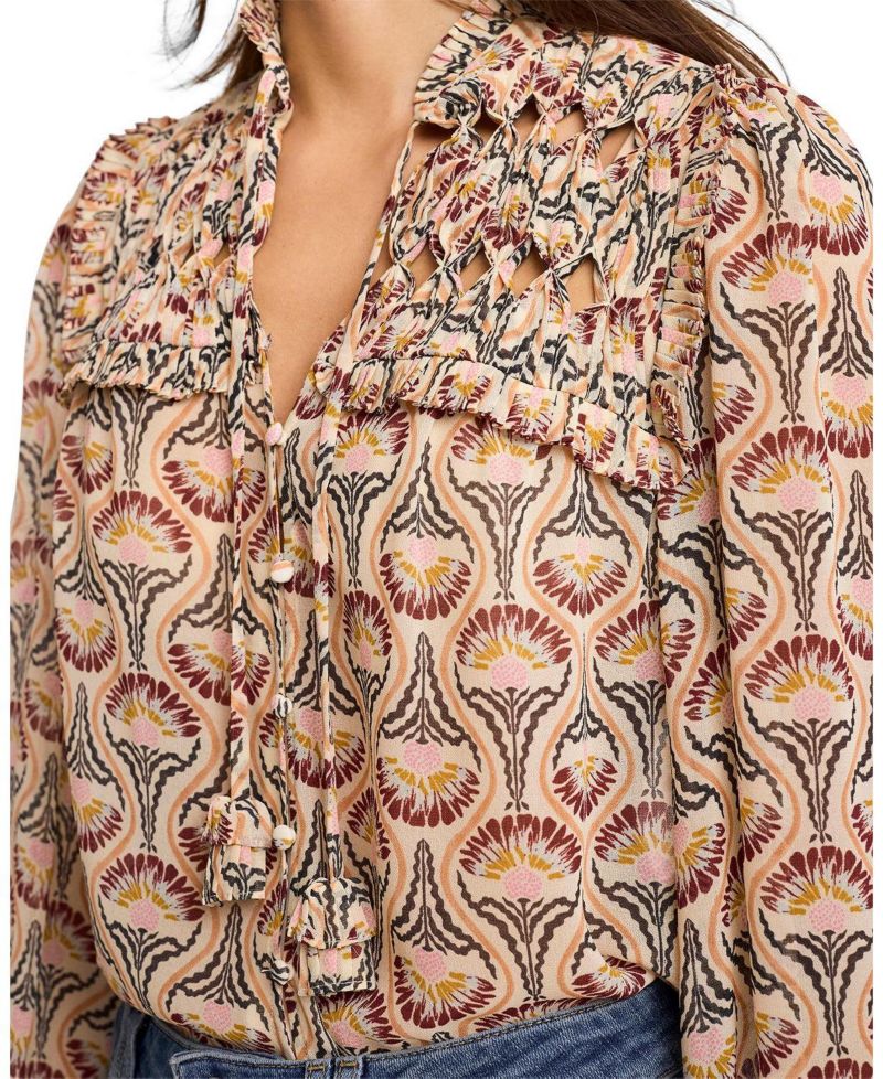 Women's Floral-Print Ruffle-Trim Tie-Front Long-Sleeve Blouse