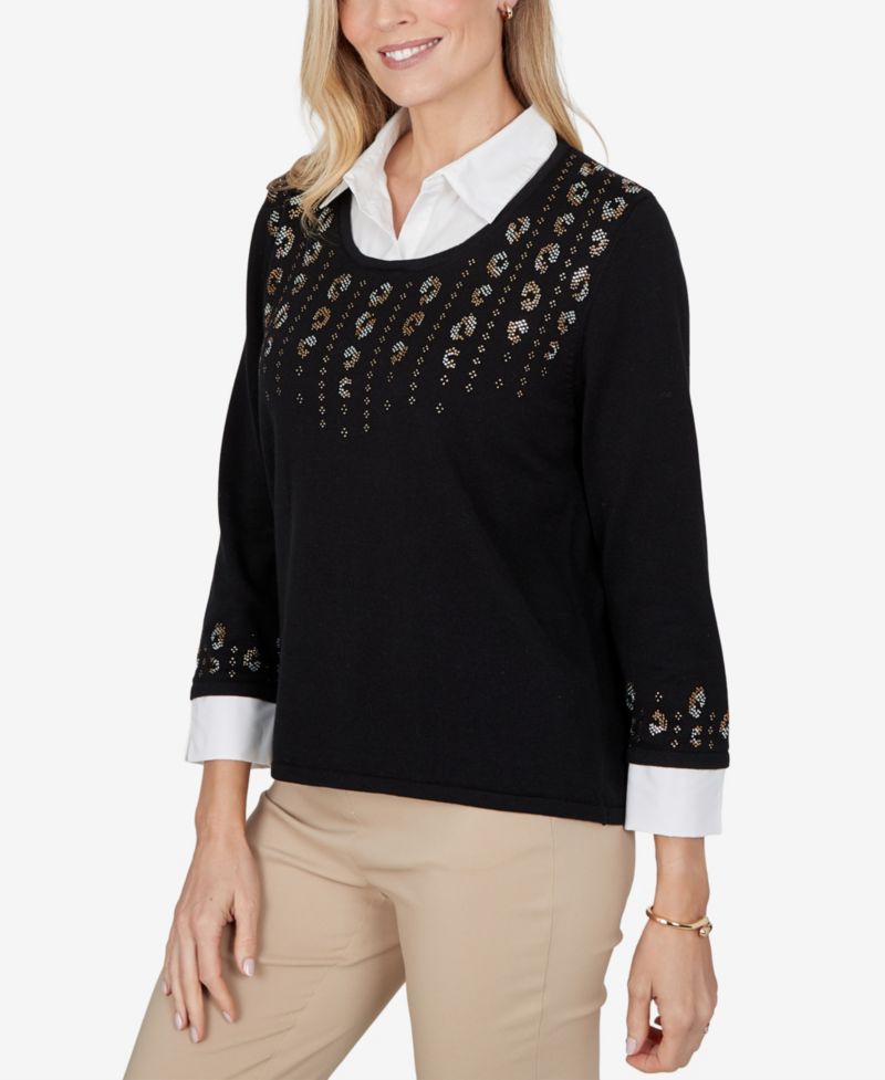 Petite Crewneck 3/4-Sleeve Cotton-Blend Sweater