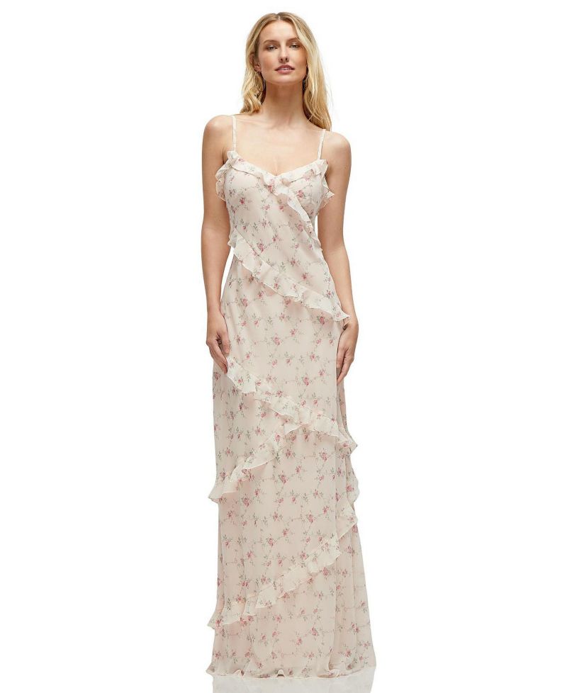 Women's Asymmetrical Ruffle Chiffon Bias Slip Maxi Dress