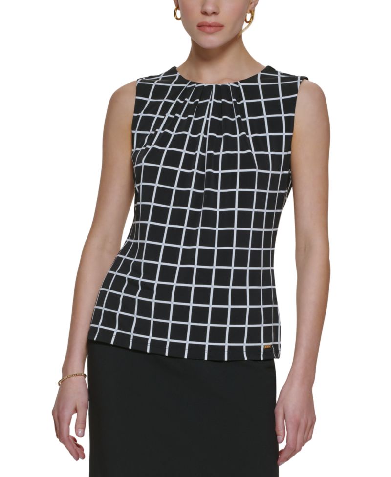Printed Pleat-Neck Blouse