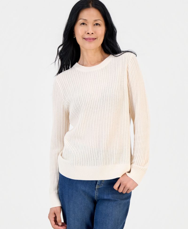 Petite Mix Stitch Crewneck Cotton Sweater, Macy's Exclusive