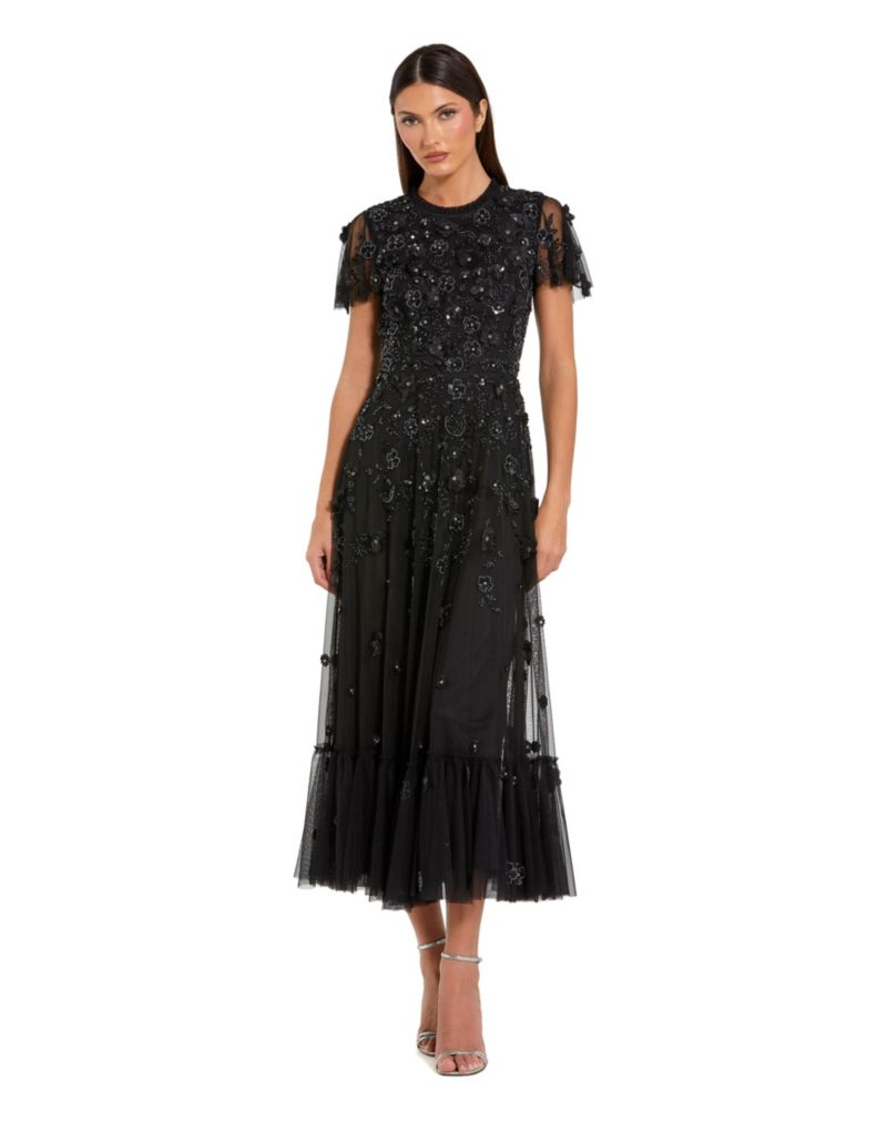 Petite Embellished High Neck A-Line Dress with Flutter Sleeves