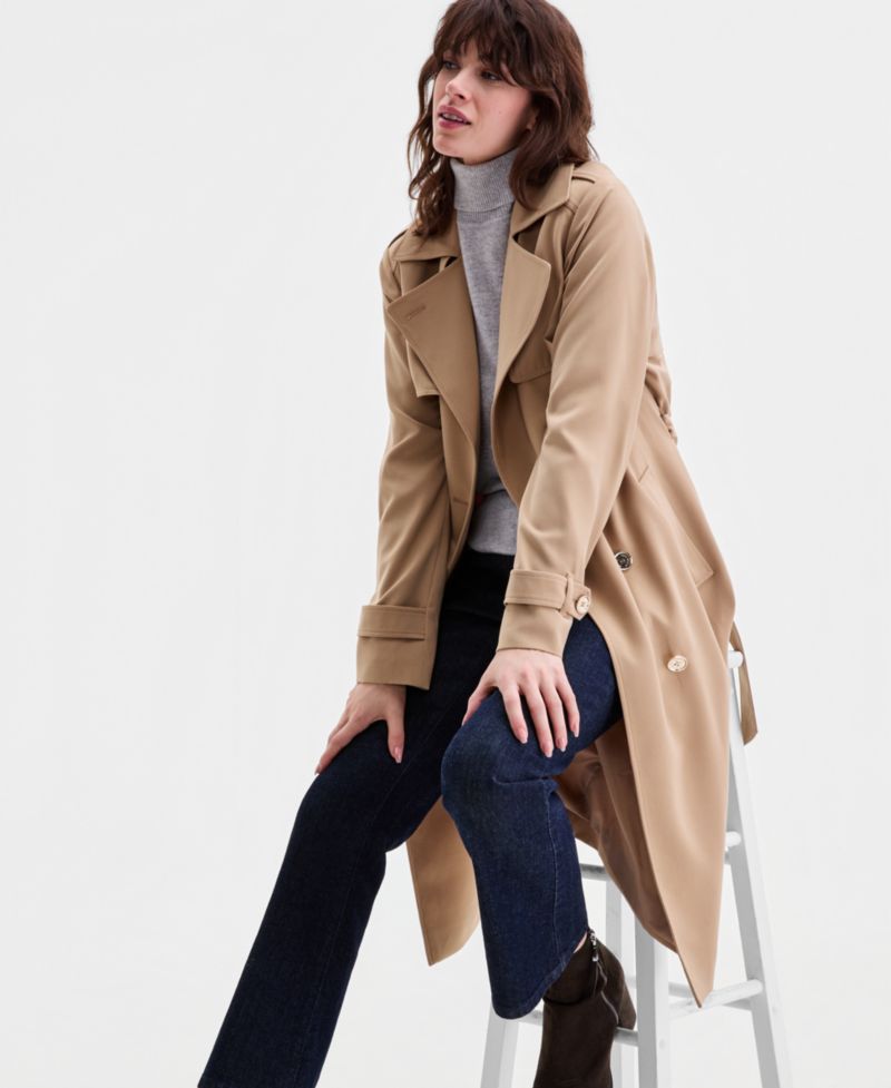 Michael Kors Petite Double-Breasted Belted Crepe Trench Coat