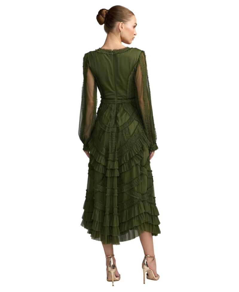 Women's Long-Sleeve Mesh Ruffle Midi Dress