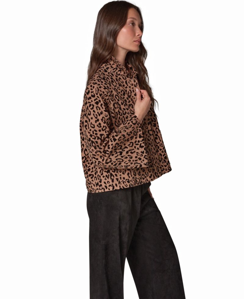 Women's Flocked Canvas Leopard-Print Bell-Sleeve Trapeze Jacket