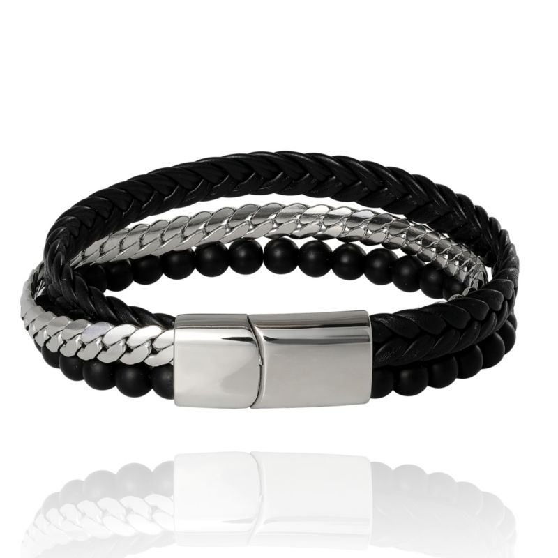 Men’s 3-Row Chain and Bead Bracelet, Black, Magnetic Clasp - 8.5''
