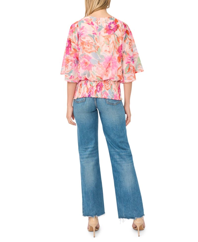 Women's Smocked Waist Floral-Print Dolman-Sleeve Blouse