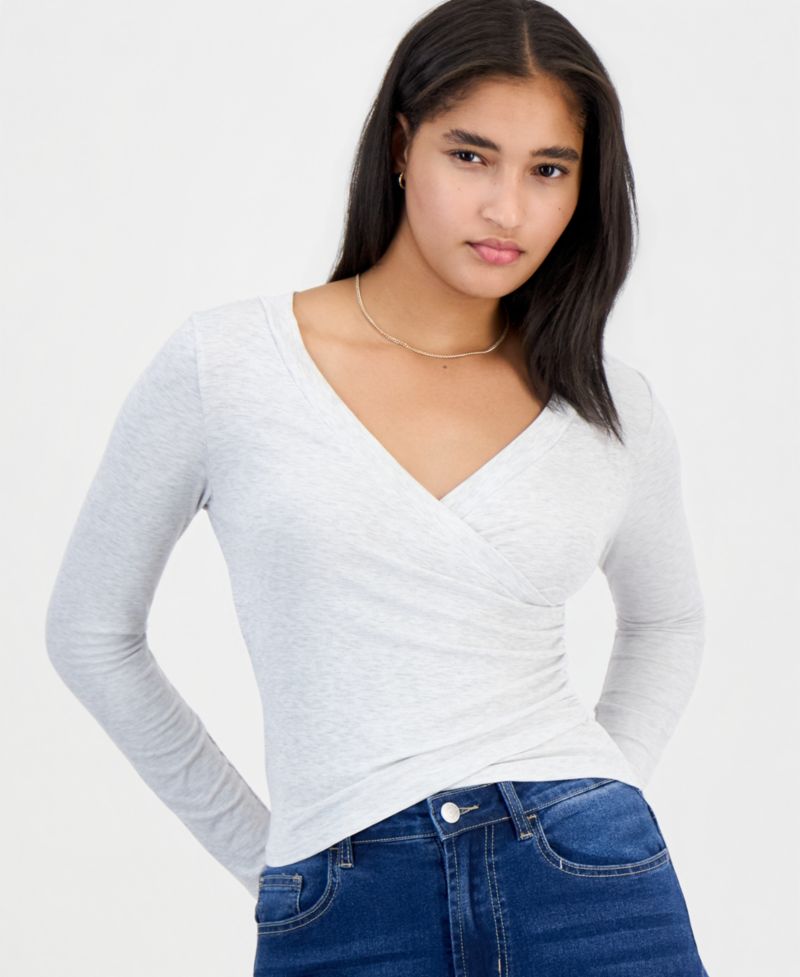 Juniors' Long-Sleeve V-Neck Wrap Top