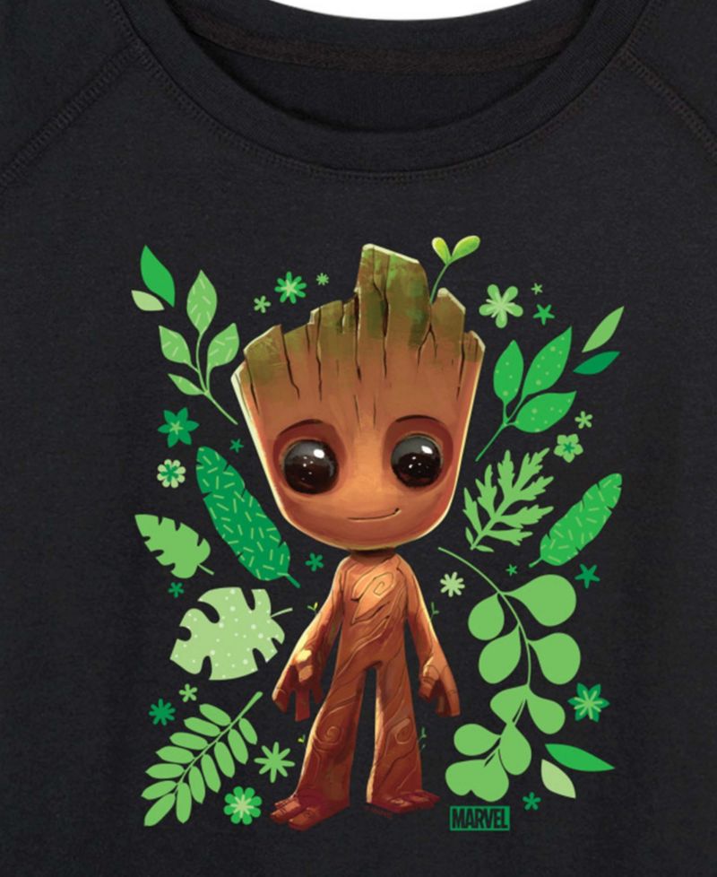 Plus Size Guardians Of The Galaxy Baby Groot Leaf French Terry Long-Sleeve T-Shirt