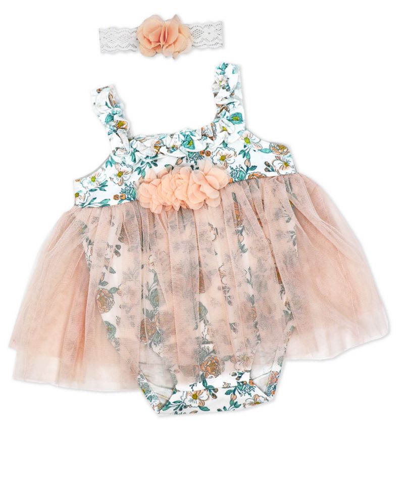 Baby Girls 2 Piece Peach Floral Romper with Tulle Over Skirt and Matching Headband