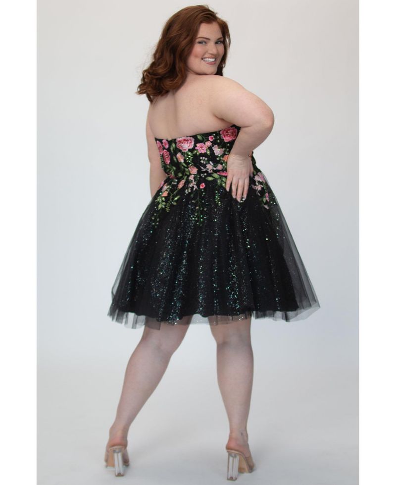 Plus Size Strapless Floral Embroidered Sparkle Tulle Short Party Dress