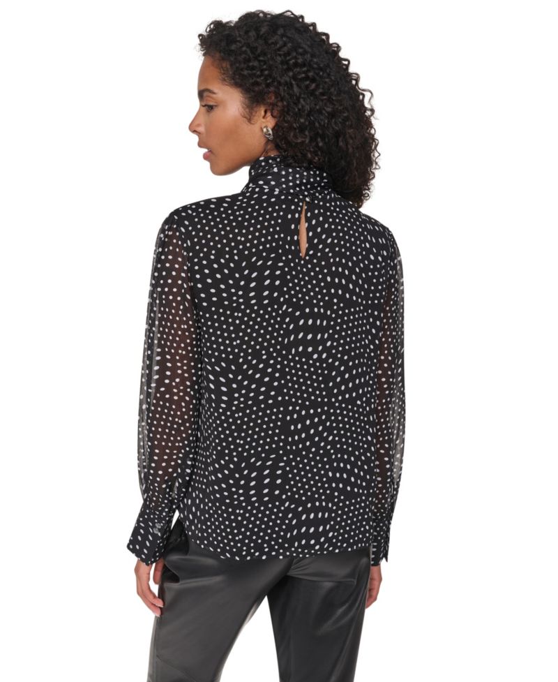 Women's Mock Neck Long Sleeve Polka Dots Blouse
