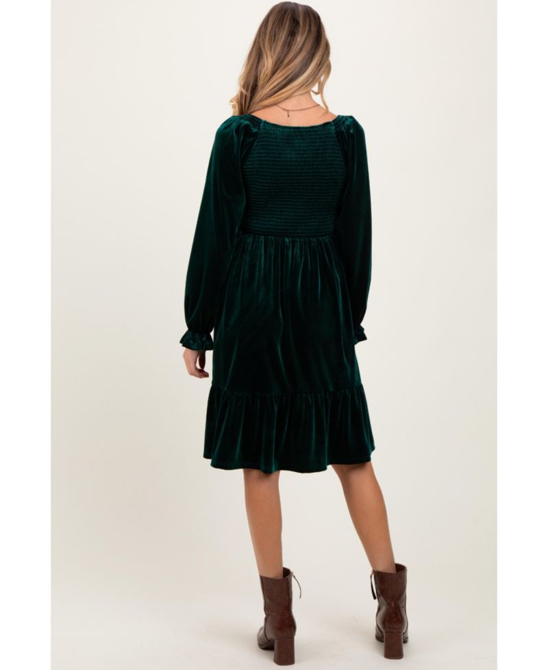 Women's Forest Green Velvet Smocked Long Sleeve Dress