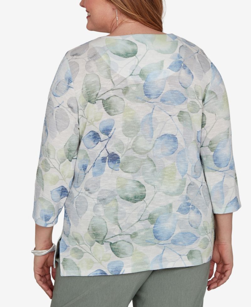Plus Size Provence 3/4-Sleeve Watercolor Leaf Print T-Shirt