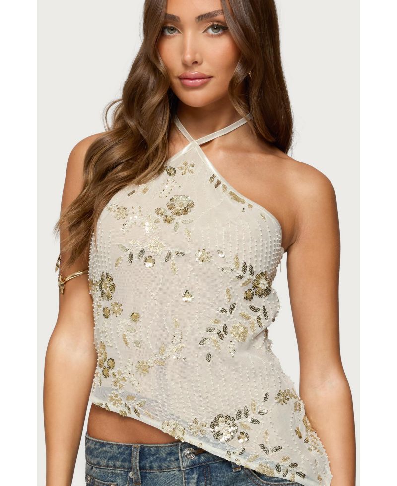 Womens Beaded Sequin Asymmetric Halter Top