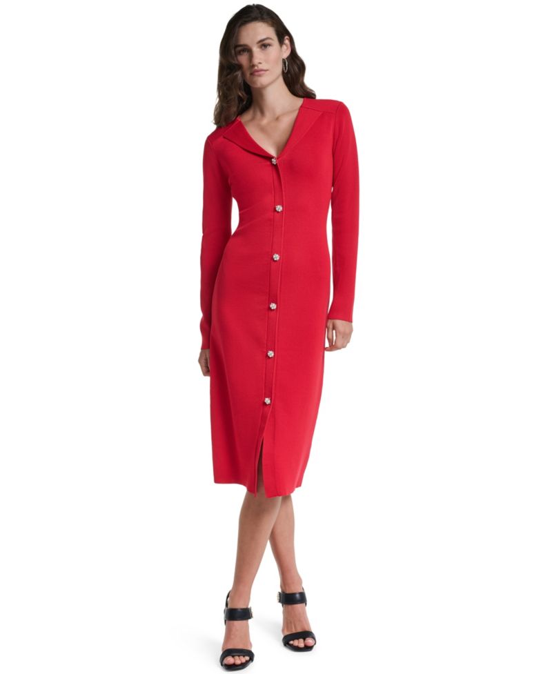 Women's V-Neck Long-Sleeve Colorblock Midi Sweater Dress