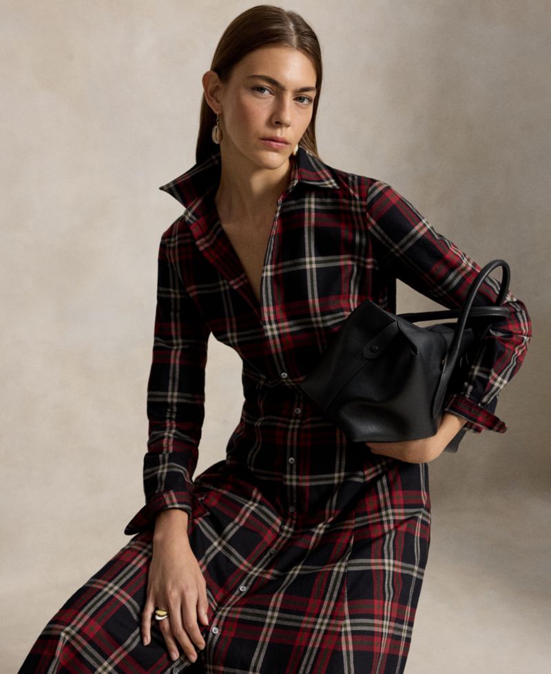 Women's Plaid Long-Sleeve Midi Shirt Dress