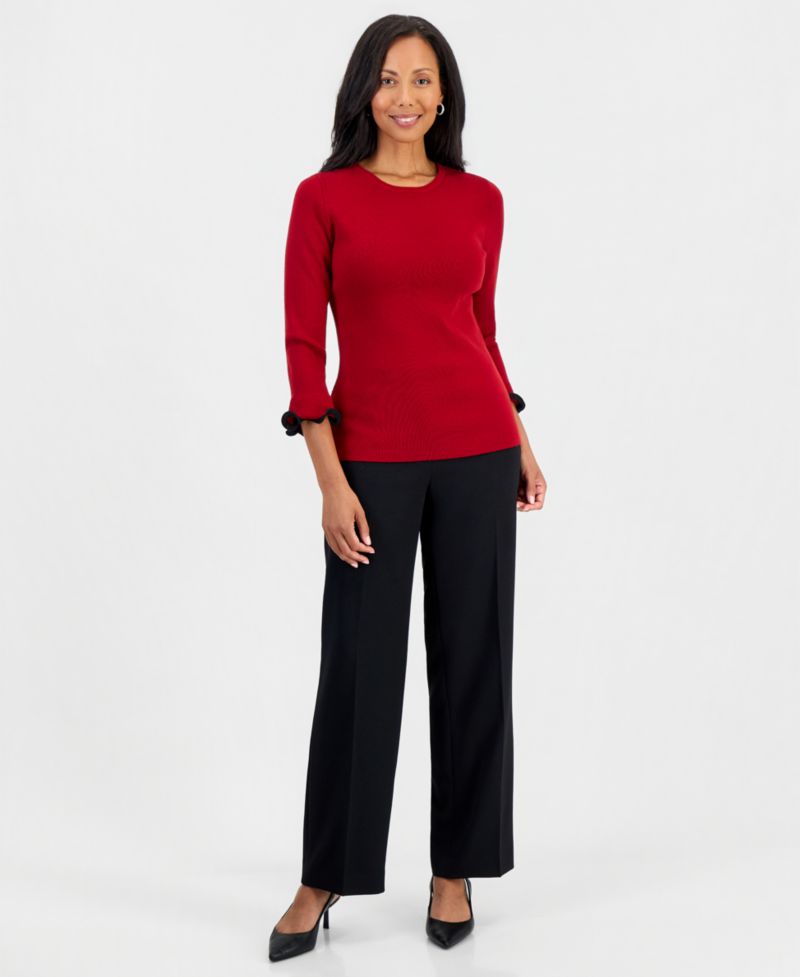 Petite Crew Neck Sculptural Cuff 3/4-Sleeve Sweater