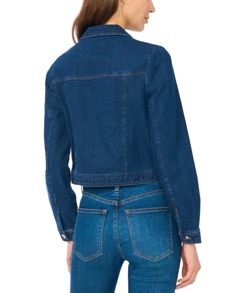 Women's Crystal Collar Puff Sleeve Cropped Denim Jacket
