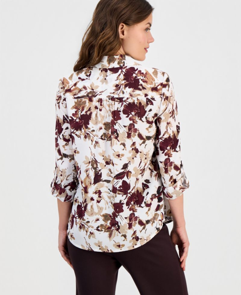Women's Floral-Print 3/4-Length Roll-Tab V-Neck Blouse