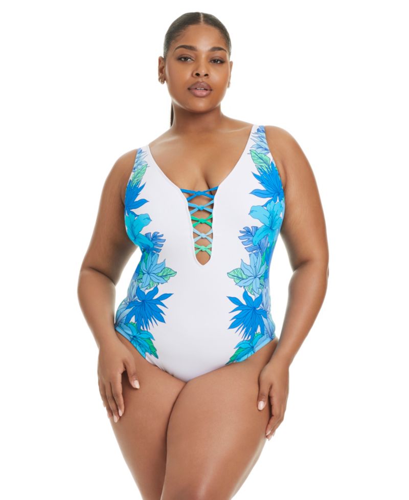 Plus Size Leys Get Knotty Lace-Down V-Neck One-Piece Swimsuit