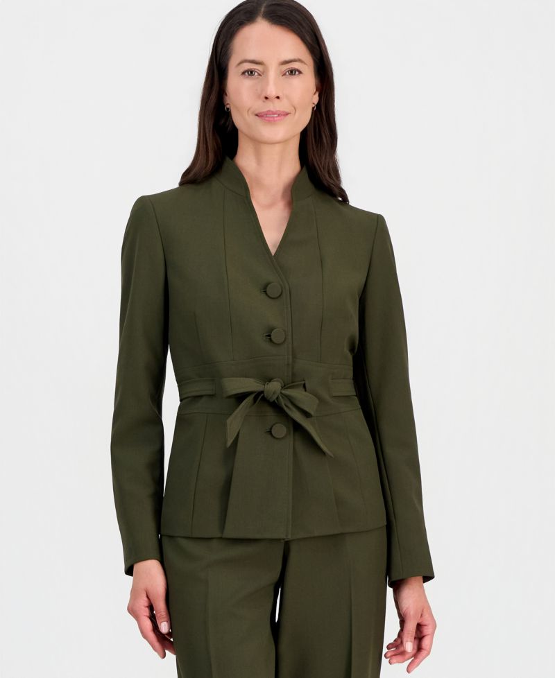 Women's Four-Button Belted Jacket & Fly-Front Wide-Leg Pants Suit