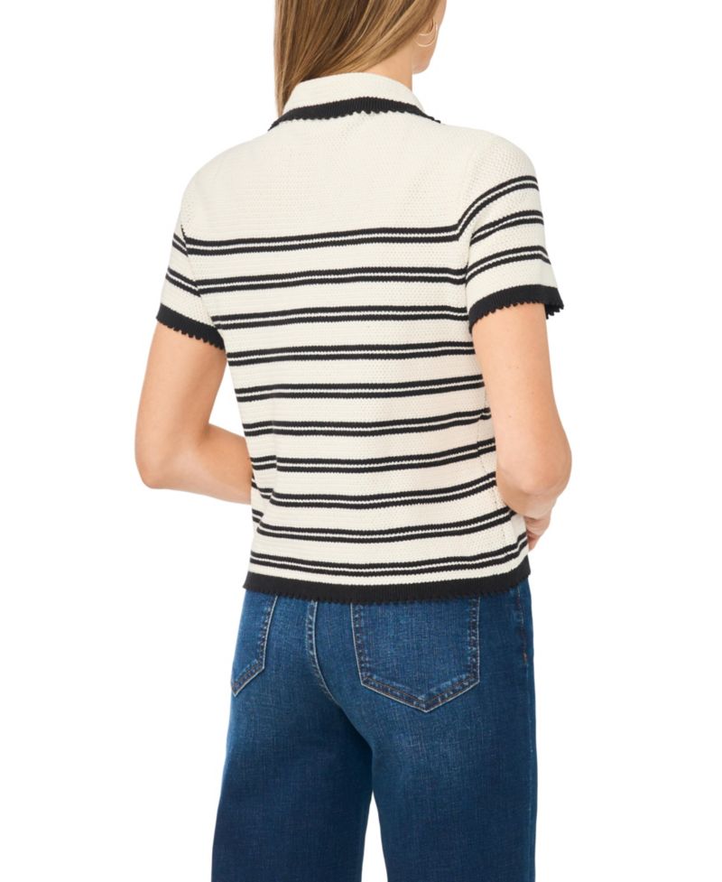 Women's Striped Collared Short-Sleeve Cardigan