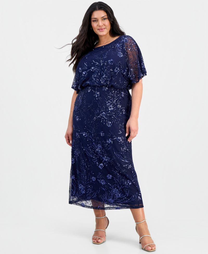 Plus Size Round-Neck Blouson Sequin Dress