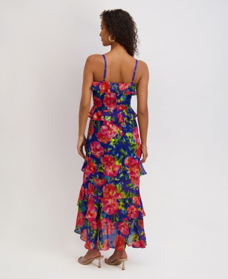 Women's Printed Sweetheart Neck Ruffle Detail Maxi Dress