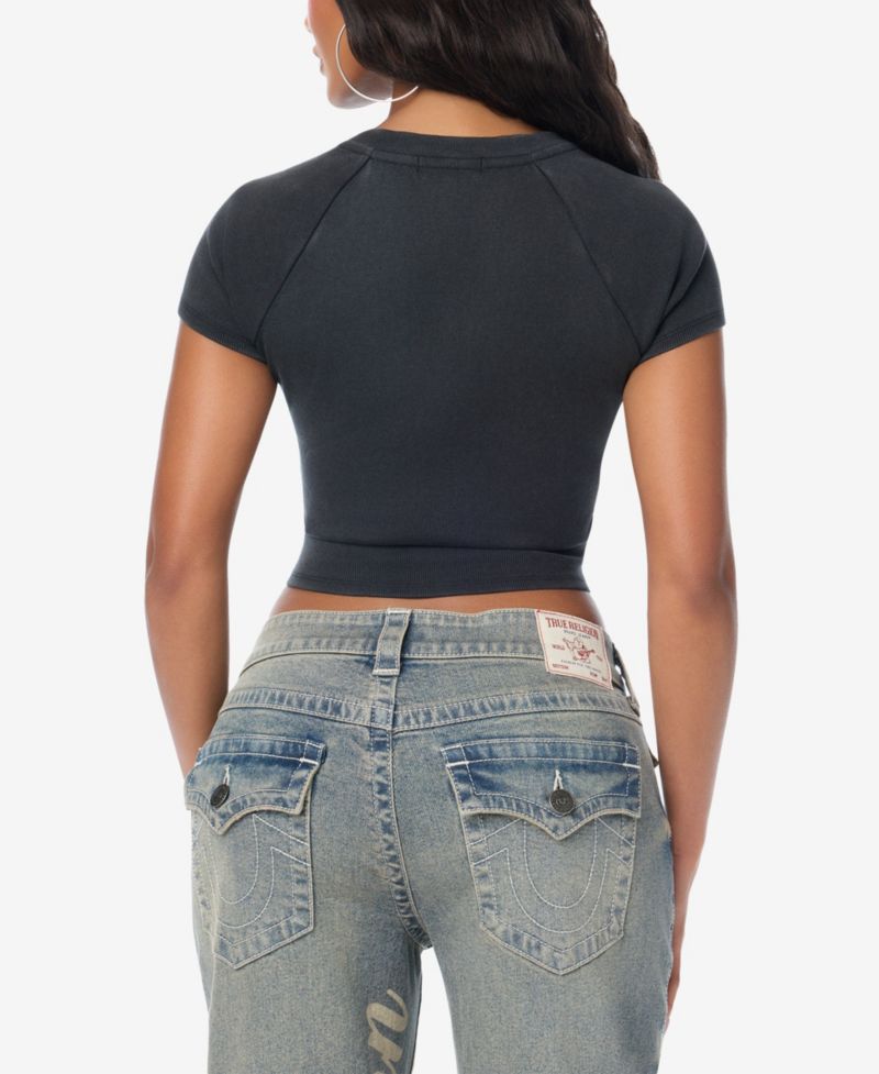 Women's Embroidered Washed Rib Baby Short-Sleeve V-Neck Crop T-Shirt