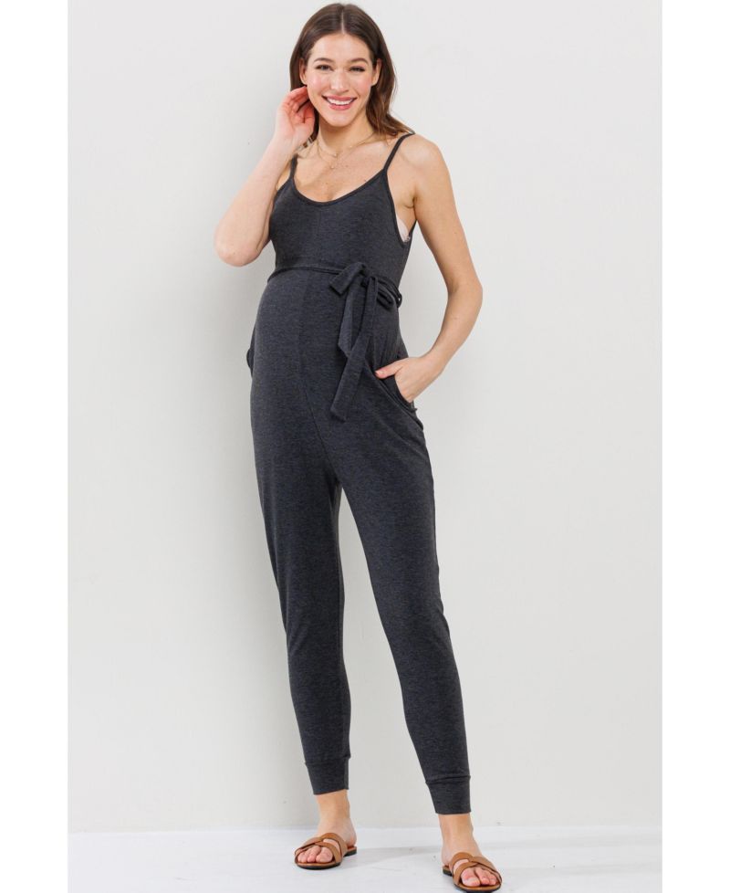 Maternity Sleeveless with Tie Waist and Adjustable Straps Jogger Jumpsuit