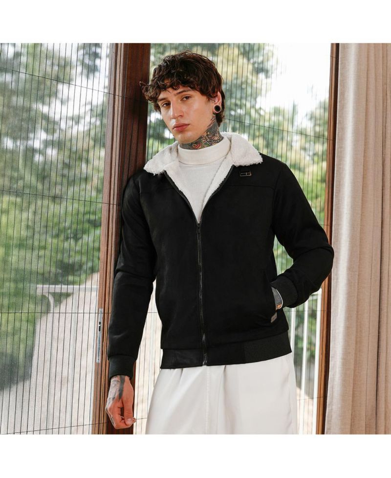 Men's Raven Black Contrast Sherpa-Lined Suede Bomber Jacket