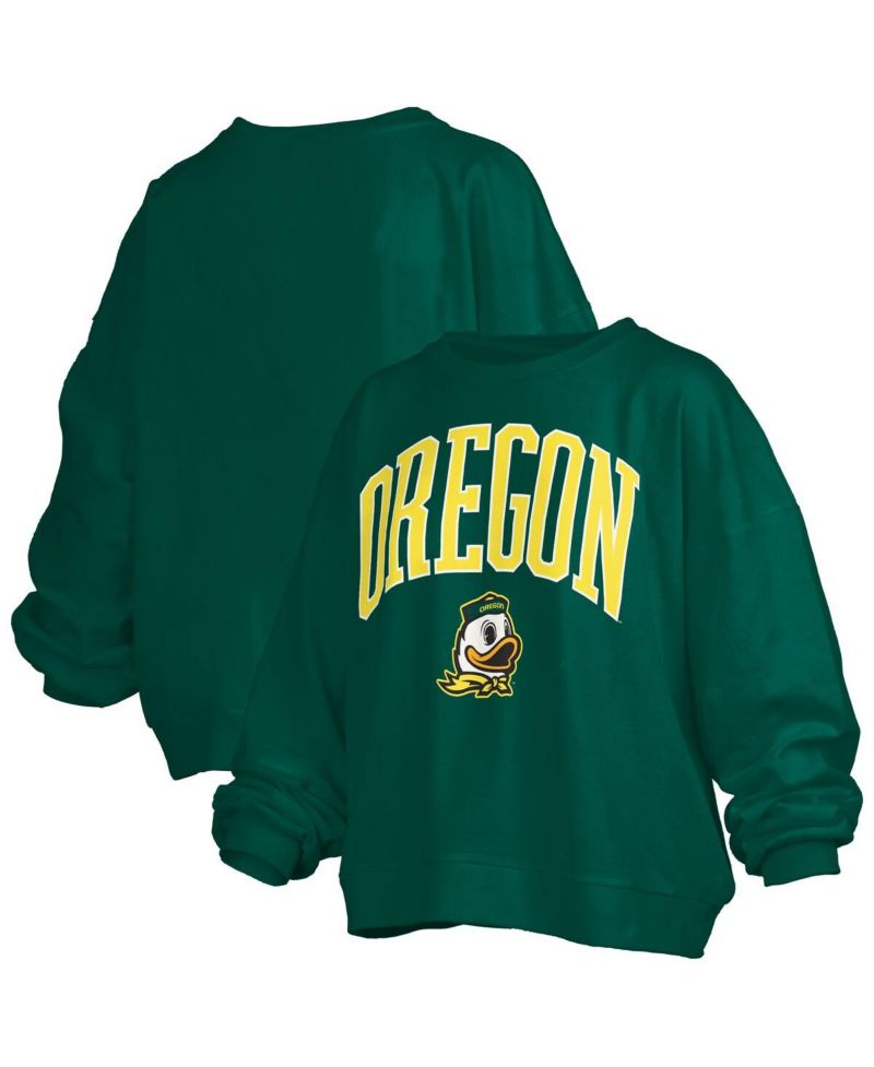 Women's Green Oregon Ducks Janise Arch Over Logo Waist Length Oversized Pullover Sweatshirt