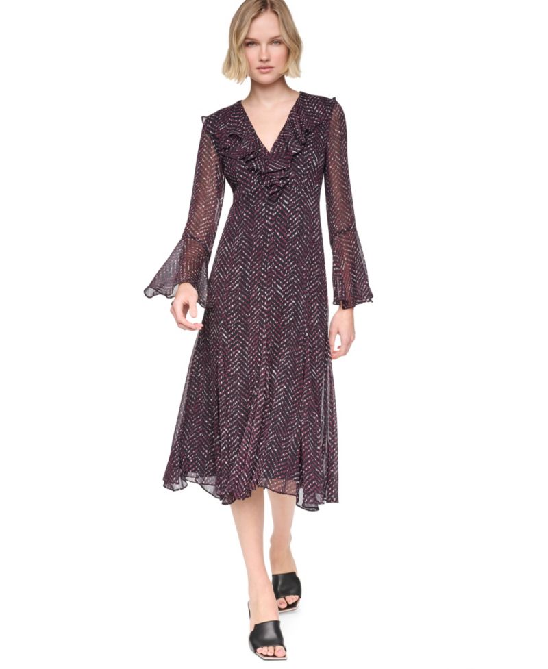 Women's Ruffle Midi V-Neck Dress