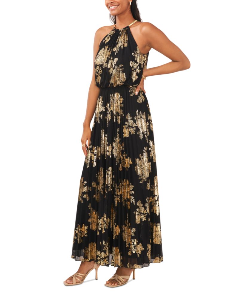 Metallic-Print Pleated Blouson Gown