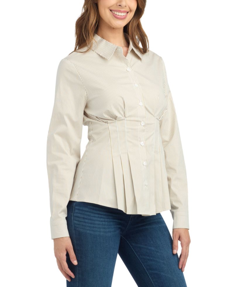 Juniors' Long-Sleeve Striped Point-Collar Blouse