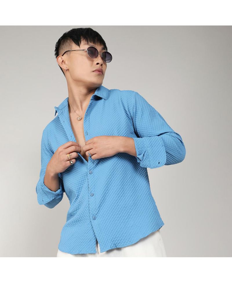 Men's Sky Blue Textured Micro Buffalo Check Shirt