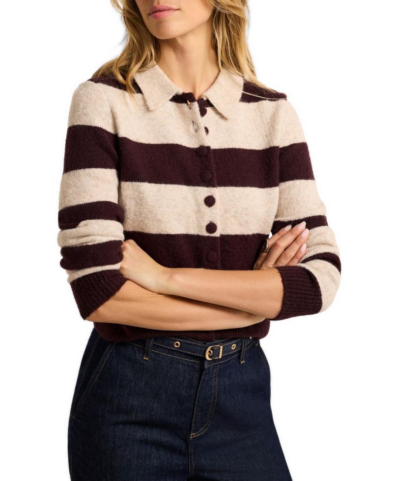 Women's Striped Collared Button-Front Sweater