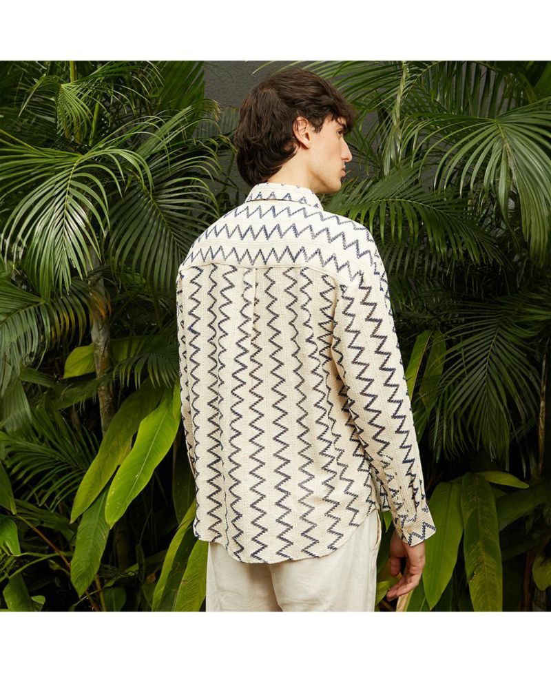 Men's Cream White Zig-Zag Knit Shirt