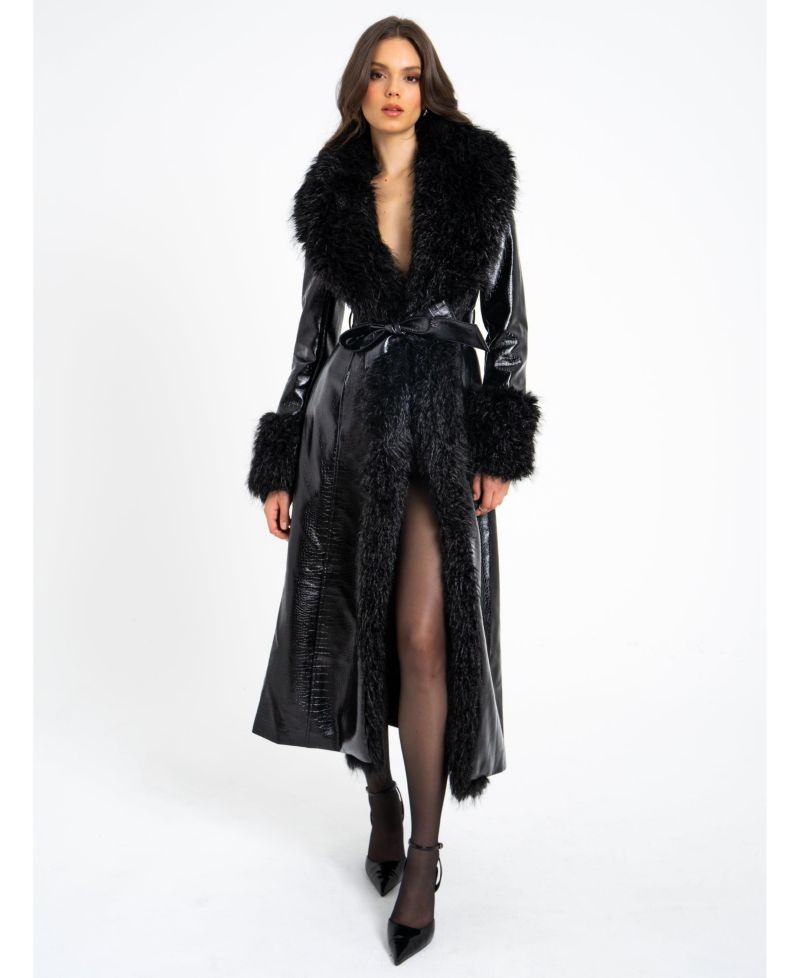 Women's Zella Black Faux Fur Trim Faux Croc Leather Coat