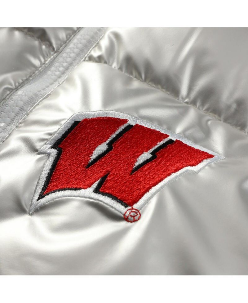 Women's Silver Wisconsin Badgers Metallic Cropped Full-Zip Sleeveless Puffer Vest