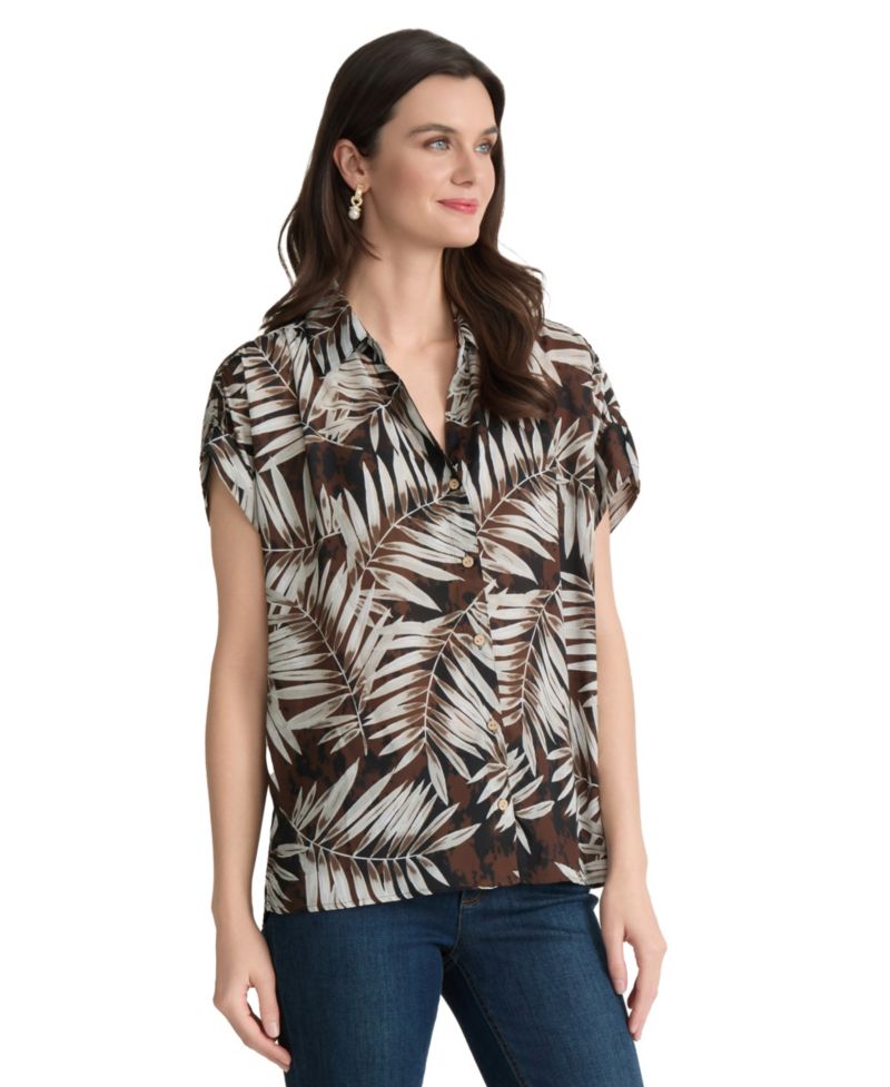 Petite Palm Print Collared Neck Shirt