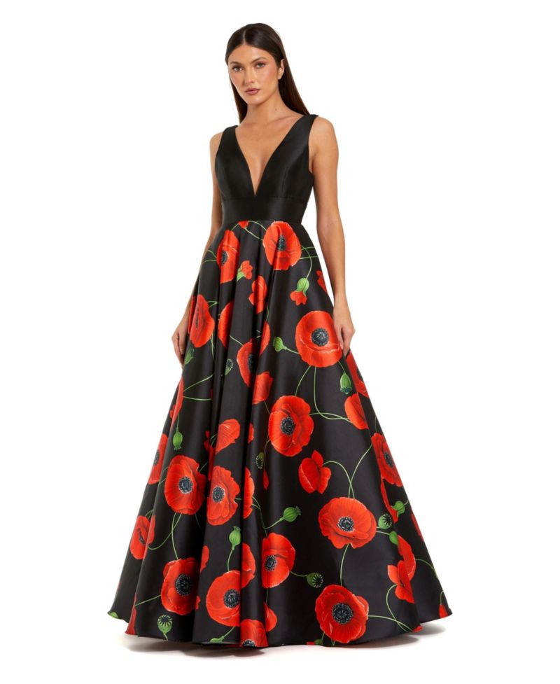 Women's Black Plunge Neck Ballgown With Floral Mikado Skirt