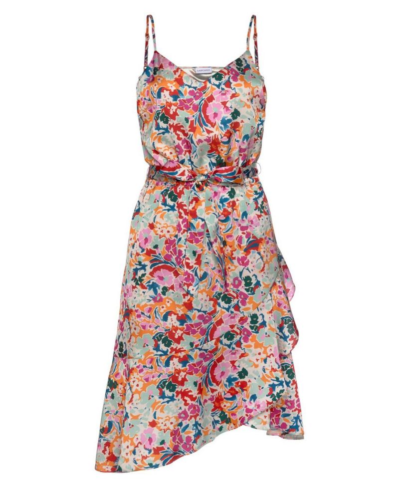 Women's Printed Satin Tie Waist V-Neck Elastic-Waist Midi Dress