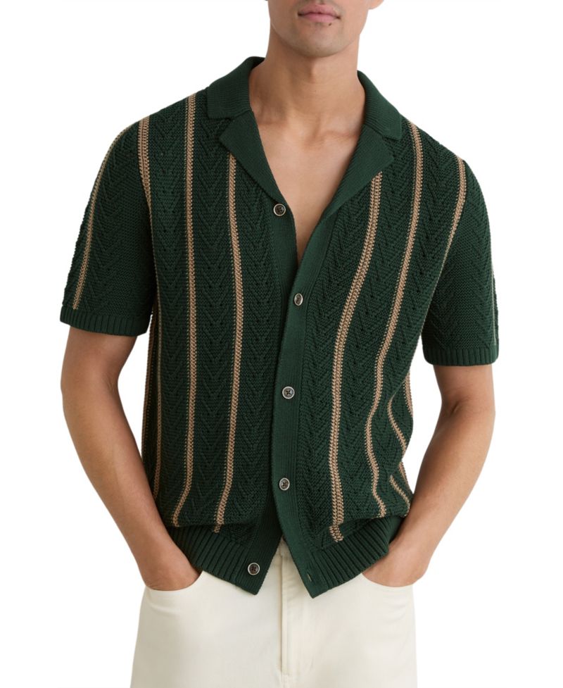 Men's Ellingham Cuban Button Through Stitch Interest Stripe Shirt