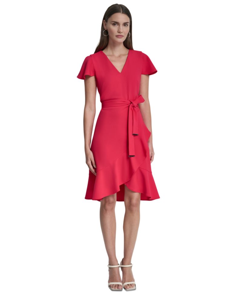 Women's Flutter Short-Sleeve V-Neck Faux-Wrap Dress